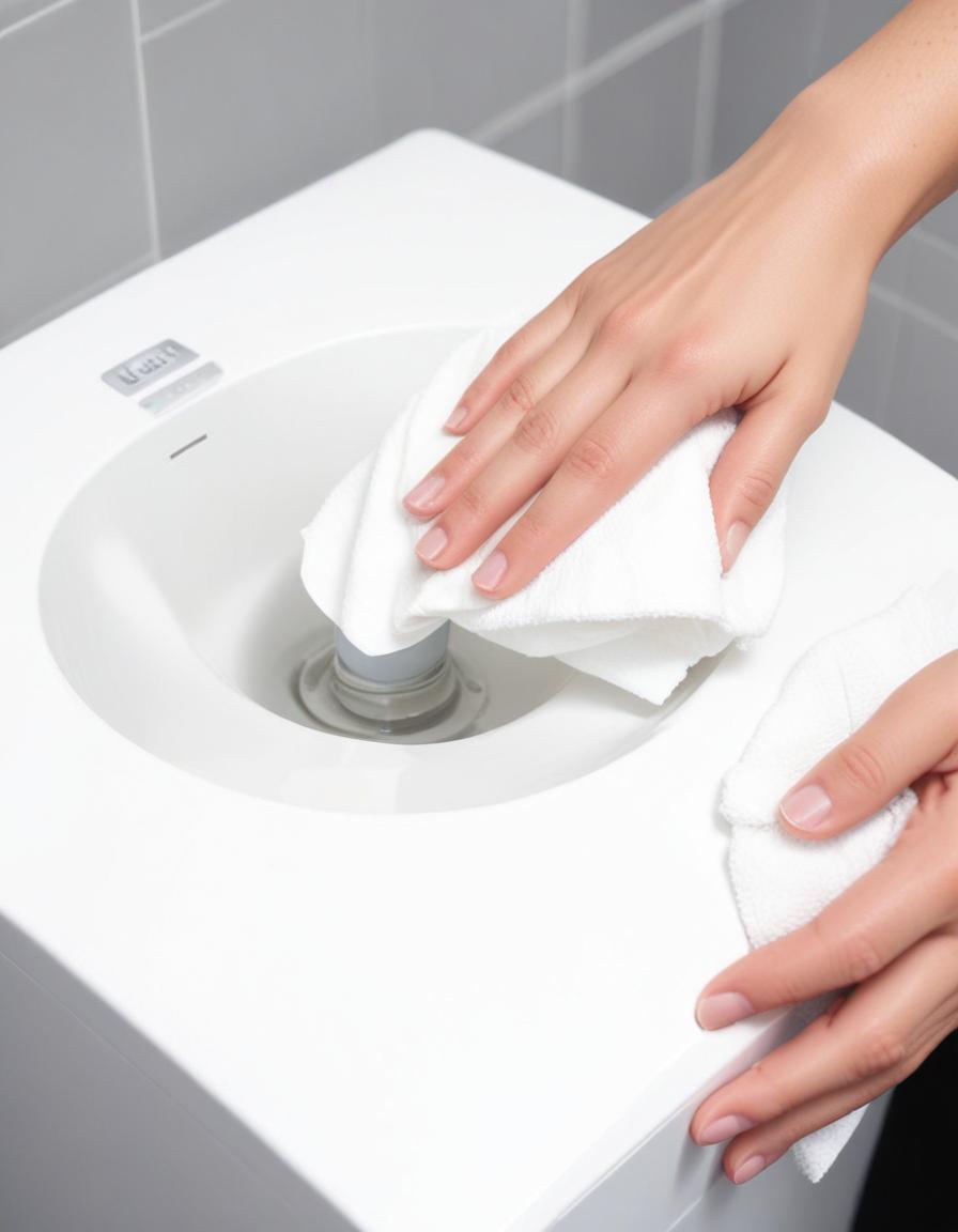 Person cleaning white water dispenser